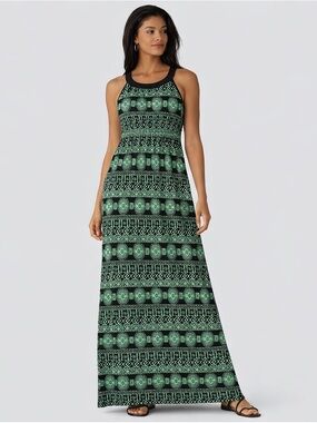 AB Studio Green & Black Geometric Medallion Maxi Dress Halter Neck Size Medium